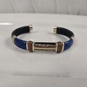 Blue Leather & Braided Copper Adjustable Cuff Bracelet By HPSliver